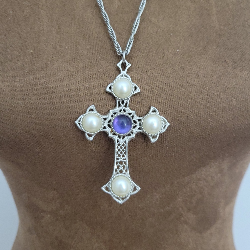 Sarah Coventry Crusader Cross Necklace Silver Tone Faux Pearl Purple Stone Goth